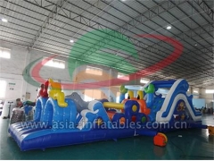 Kids And Adults Play Inflatable Obstacle Course With Small Slide & Fun Derby Horse Race